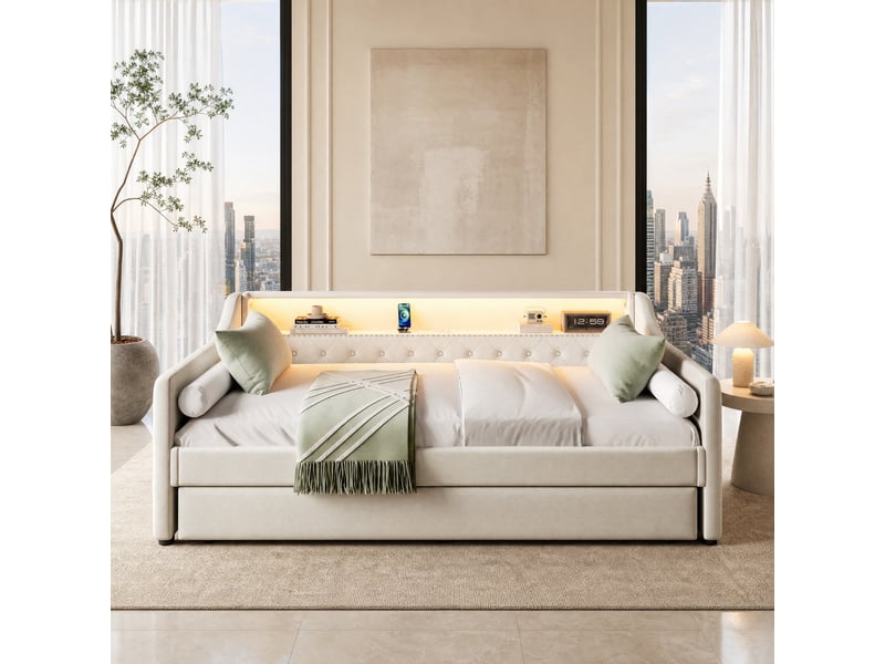  Lit banquette avec lit gigogne et sommier à lattes, éclairage réglable et ports de charge, en lin beige  - Conforama B
