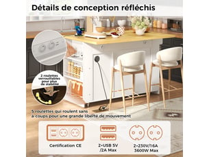 Îlot de cuisine 130x5080x87cm avec 3 tiroirs, porte coulissantes et prises usb, rangement, mdf, blanc et bois