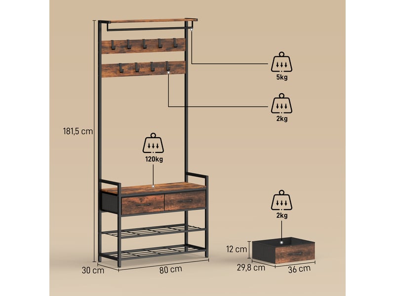  Portant à vêtements avec crochets, banc à chaussures, organisateur d'entrée de style industriel, structure en acier, marron rustique  - Conforama E
