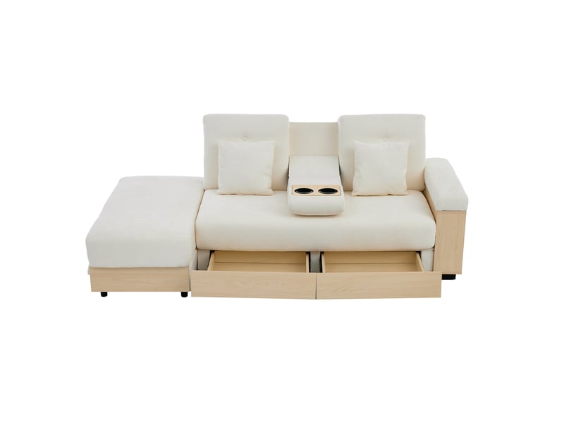 Canapé convertible 3 places beige en tissu chenille, dossier réglable, rangements et porte-gobelet, 217 cm pour salon - Conforama A