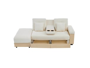 Canapé convertible 3 places beige en tissu chenille, dossier réglable, rangements et porte-gobelet, 217 cm pour salon