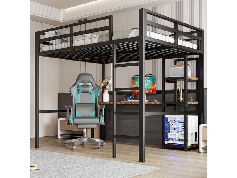  Lit mezzanine 140 x 200cm, noir, sans matelas, structure métal, bureau et étagères, usb type-c, échelle  - Conforama C