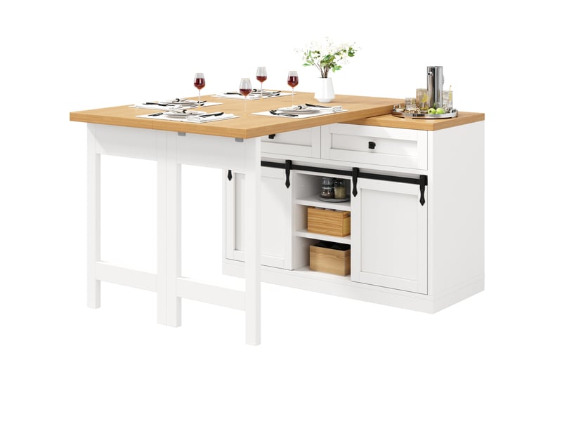  Îlot de cuisine pivotant 120-197x40x72 cm, portes coulissantes style grange, 2 tiroirs, mdf et métal, couleur blanc  - Conforama A