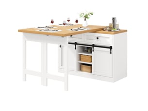 Îlot de cuisine pivotant 120-197x40x72 cm, portes coulissantes style grange, 2 tiroirs, mdf et métal, couleur blanc