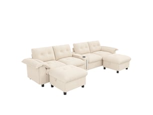 Canapé panoramique modulable 6 places en chenille beige, configuration ul avec 2 poufs de rangement, console centrale, led, usbtype-c, 312 x 142 x 82 cm