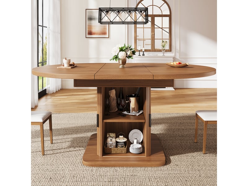  Table à manger extensible ronde en ovale 110-150x110x75 cm table à manger 4 à 6 personnes en bois avec portes coulissantes, noyer  - Conforama C