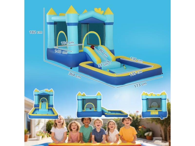  Château gonflable pour enfants avec souffleur, toboggan, trampoline, piscine et panier de basket pour les enfants de 3 à 8 ans, bleu  - Conforama E
