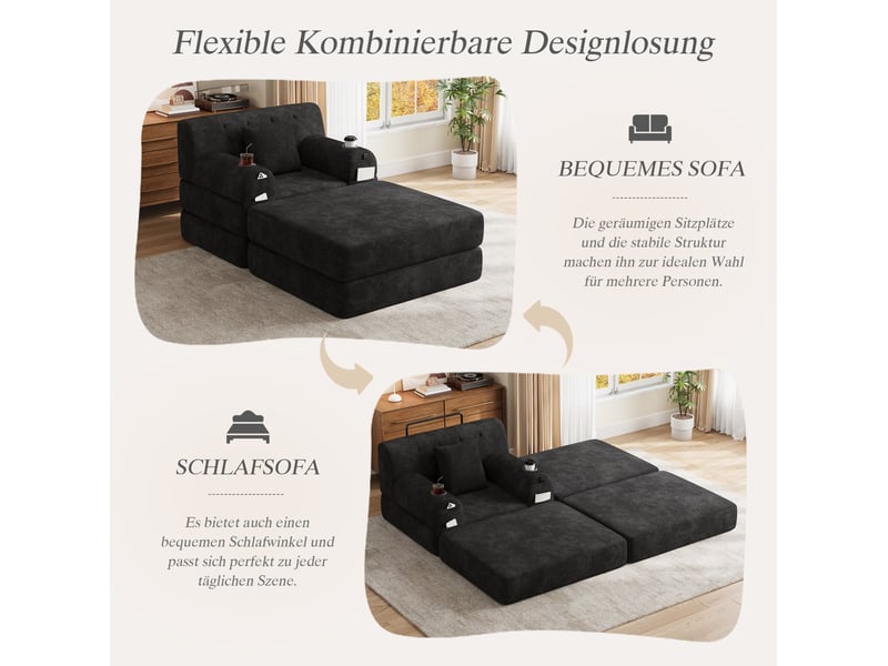  Fauteuil-lit 1 place avec repose-pieds 107x162x81 cm, couchage 191 cm, velours côtelé noir sans matelas  - Conforama D