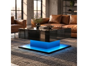Table basse noire 72 x 72 cm avec plateau relevable, rangements, 2 tiroirs et led contrôlée par application