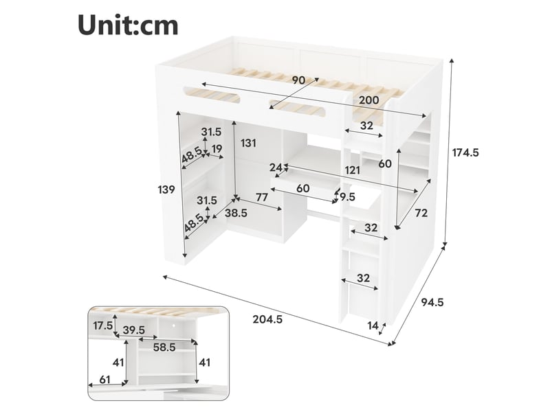  Lit mezzanine 90x200 cm bureau, rangement, led, usb, armoire, tiroir, bois et mdf, sans matelas, blanc  - Conforama C