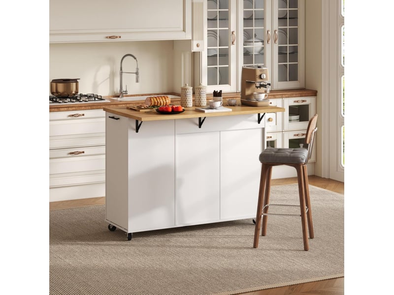  Desserte de cuisine mobile 130 x 70 x 93 cm blanche en mdf, plan de travail rabattable et rangement  - Conforama B