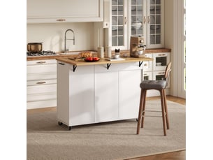 Desserte de cuisine mobile 130 x 70 x 93 cm blanche en mdf, plan de travail rabattable et rangement