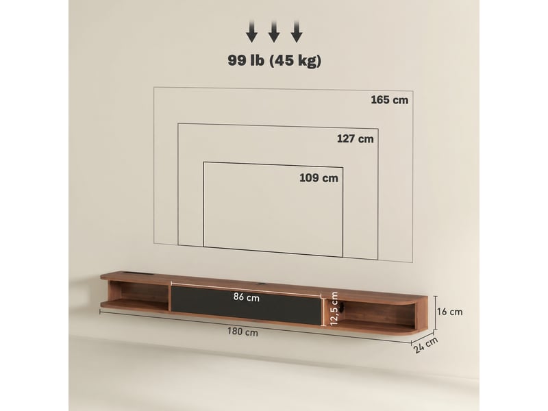  Meuble tv suspendu jusqu'à 75 pouces, abattant, 2 étagères ouvertes, finition noyer, 180 x 24 x 16 cm  - Conforama C