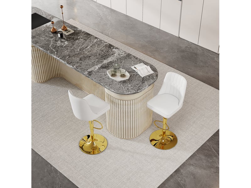  Tabourets de bar réglables pivotants 360° lot de 2, chaise haute cuisine, pied métal, assise polyuréthane, blanc et or  - Conforama D