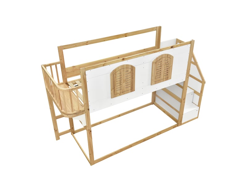  Lit mezzanine en bois massif, lit enfant, avec escalier-penderie, espace de jeu et fenêtre, sommier à lattes robuste, pin + mdf + contreplaqué, blanc + naturel, 90 x 200 cm  - Conforama E