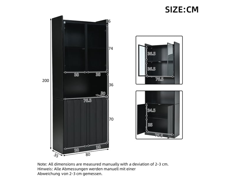  Vitrine haute avec 4 portes, led bluetooth, 5 compartiments et étagères réglables, noir, 80 × 35 × 200 cm  - Conforama D