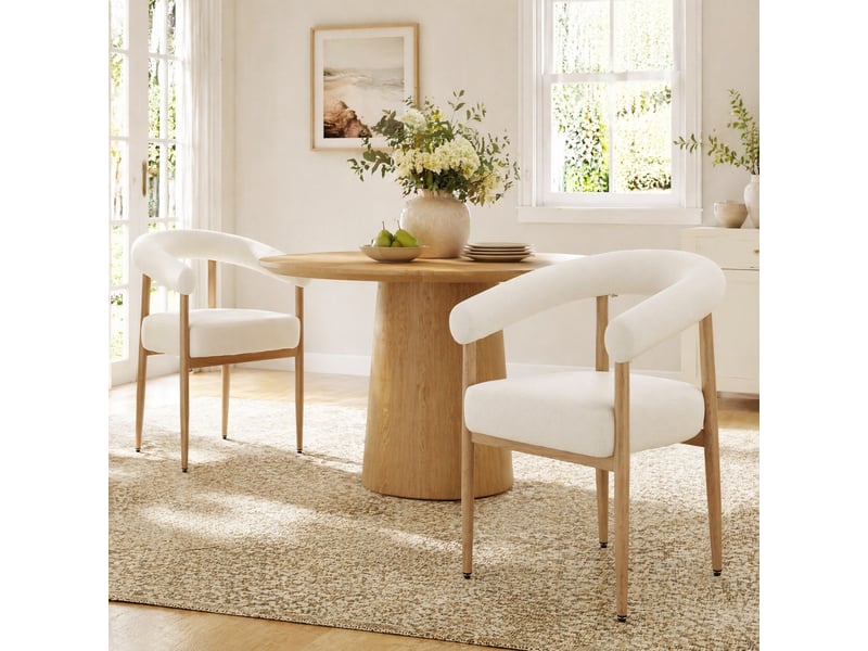 Lot de 2 chaises de salle à manger rembourrées en tissu blanc, pieds en métal aspect bois - Conforama C