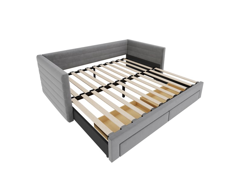  Canapé-lit convertible 3-en-1 90/180x190 cm avec 2 tiroirs, tissu coton-lin gris, sans matelas  - Conforama D