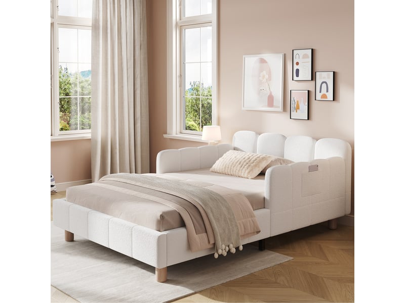 Lit enfant rembourré 90 x 200 cm avec tête de lit capitonnée et garde-corps, pieds en bois massif, bouclé beige - Conforama B