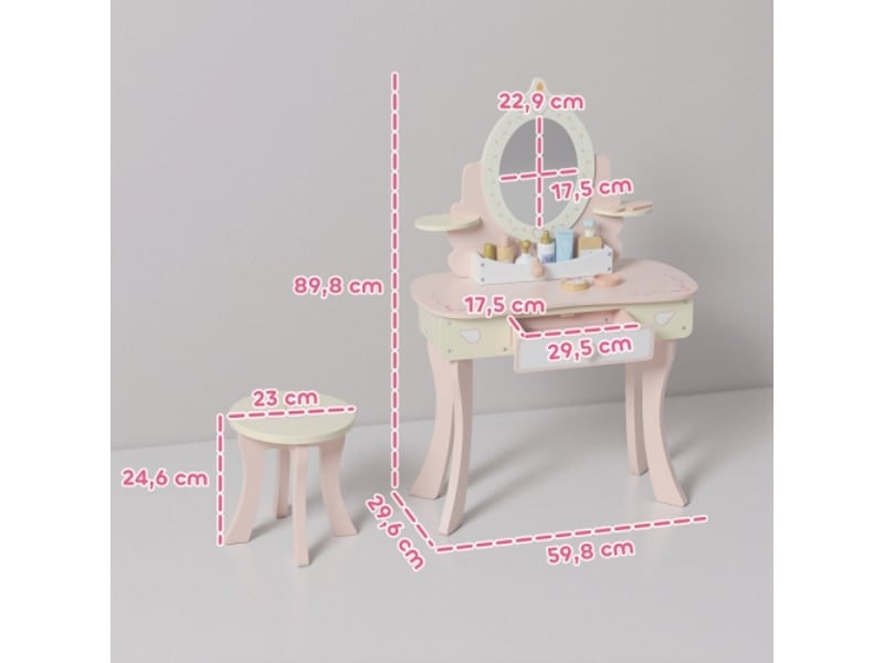  Coiffeuse enfant 2 en 1 rose, avec chaise, tiroir, miroir amovible et 7 accessoires, mdf  - Conforama C