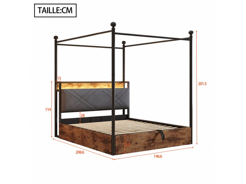  Lit coffre 90x190 cm - lit simple métal avec led intégrée et rangement hydraulique, ports usbtype-c, sans matelas, noir  - Conforama C