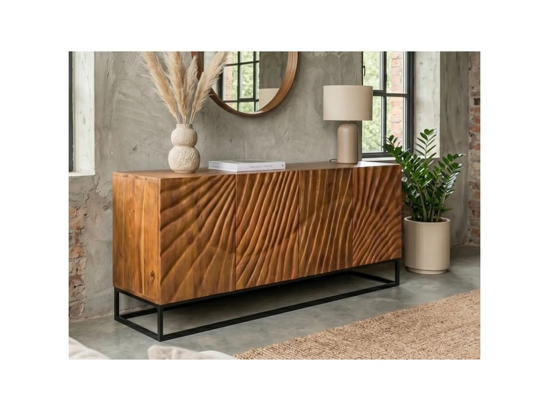Buffet silva 177 cm en bois massif de manguier sculpté – 4 portes et piètement métal noir - Conforama B