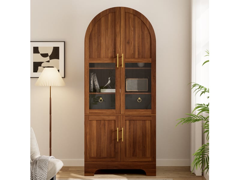  Buffet 76x40x180 cm, forme arquée, éclairage led, 4 portes et 1 tiroir, panneau de particules et mdf, aspect noyer brun  - Conforama E