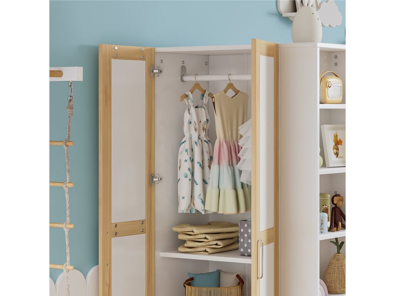 Lit superposé enfant 90x200 - armoire intégrée - 6 étagères - sécurité en747 - blancnaturel CYQ-N622F049012W - Conforama W