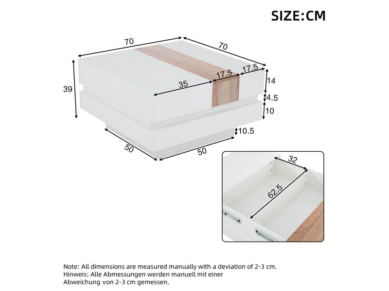  Table basse avec plateau extensible et 2 compartiments cachés, finition brillante, en panneaux de particules, blanc  - Conforama D