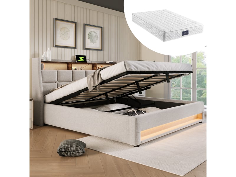 Lit double rembourré 160x200 cm avec matelas, lit double avec led et usb, beige, cadre de lit adulte avec tête de lit en lin - Conforama A