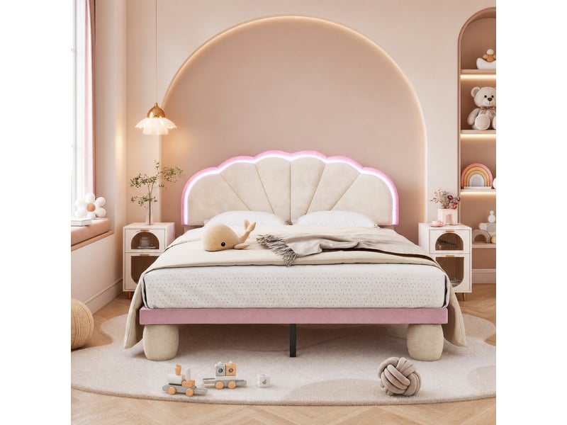  Lit enfant double 140×200 cm led multicolore  - sans matelas, velours beige et rose, tête ondulée  - Conforama C