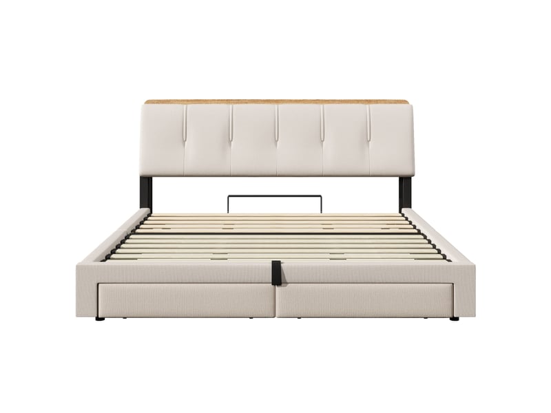  Lit capitonné, 180 x 200 cm, suspension hydraulique, avec port usb type-c, sans matelas, rangement multifonctionnel, éclairage led, commande par bouton-poussoirapplication, lin, beige  - Conforama E