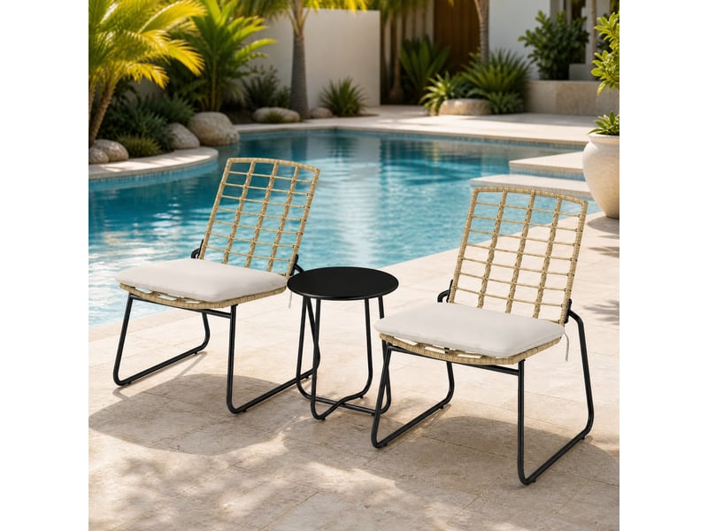  Salon de jardin 3 pièces 56x67x78 cm 2 chaises empilables avec table rotin beige et brun  - Conforama C