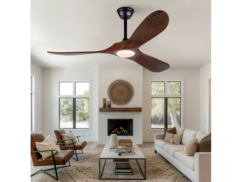  Ventilateur de plafond 132 cm avec led, 3 pales en bois noyer, moteur dc réversible  - Conforama B