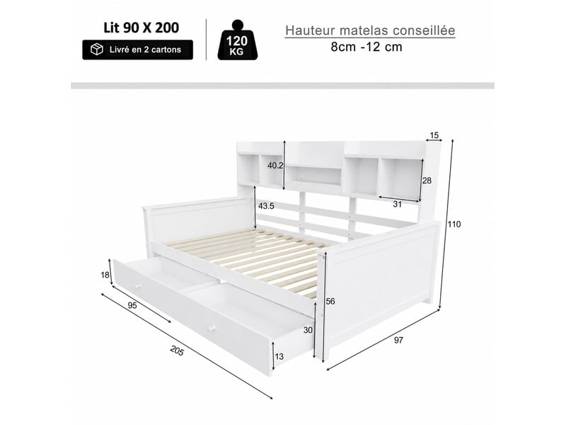  Lit banquette simple 90×200 cm avec 2 tiroirs et étagères - okmyhome- blanc, bois massif, sans matelas  - Conforama E