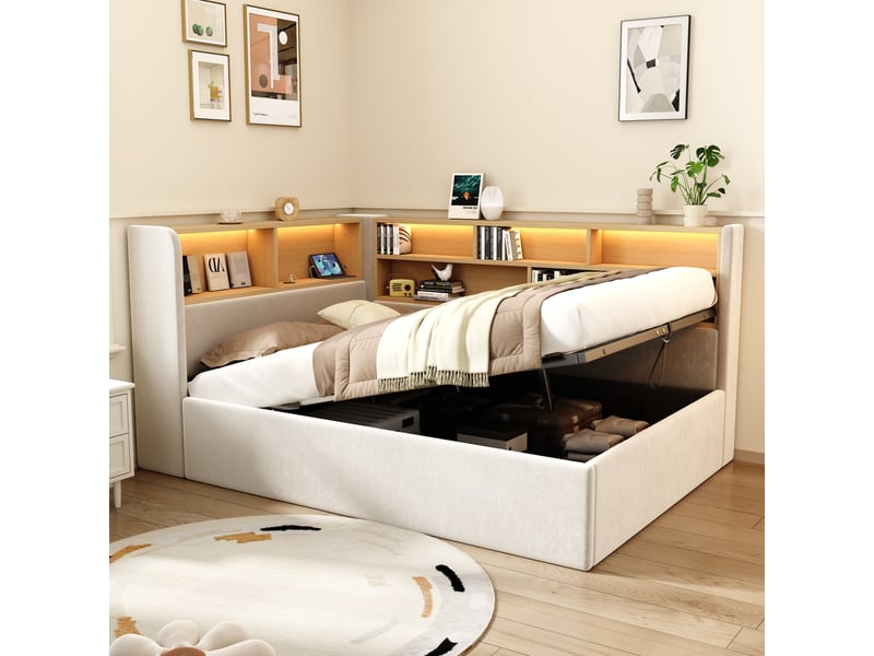  Lit coffre avec rangement hydraulique en velours beige  - Conforama D