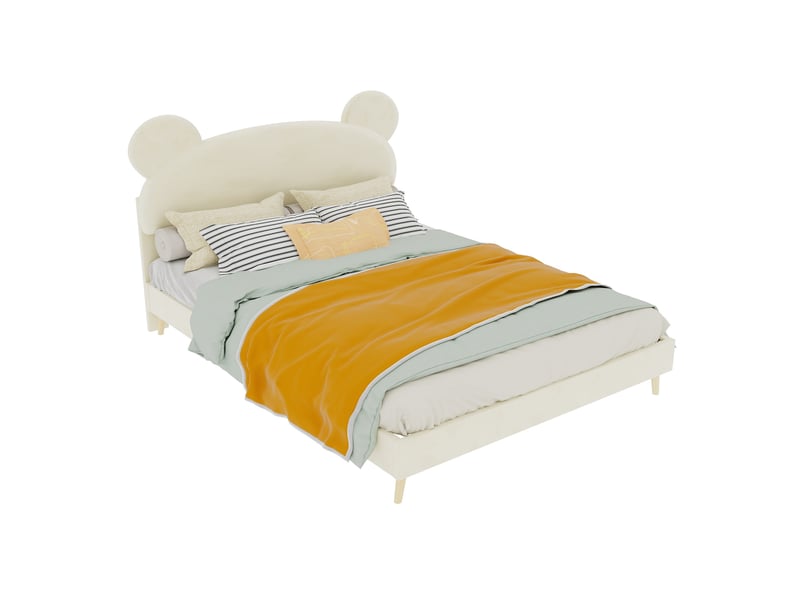  Lit enfant 140x200 cm avec matelas à ressorts ensachés 23 cm, tête de lit oreilles d’ours, tissu et métal beige  - Conforama A