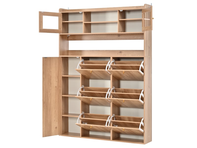  Meuble à chaussures oslo naturel 130x25x180 cm, led &amp; 6 compartiments basculants  - Conforama D