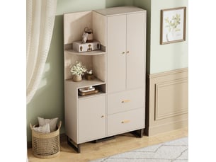Vestiaire d'entrée 110x38x186 cm, garde-robe d'ensemble, tiroirs, portes, étagères, meuble entrée, mdf, beige et gris