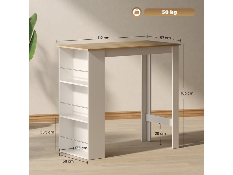  Table de bar table haute de cuisine mange-debout comptoir 112l x 57l x 106h cm - 3 étagères - aspect chêne clair blanc  - Conforama C