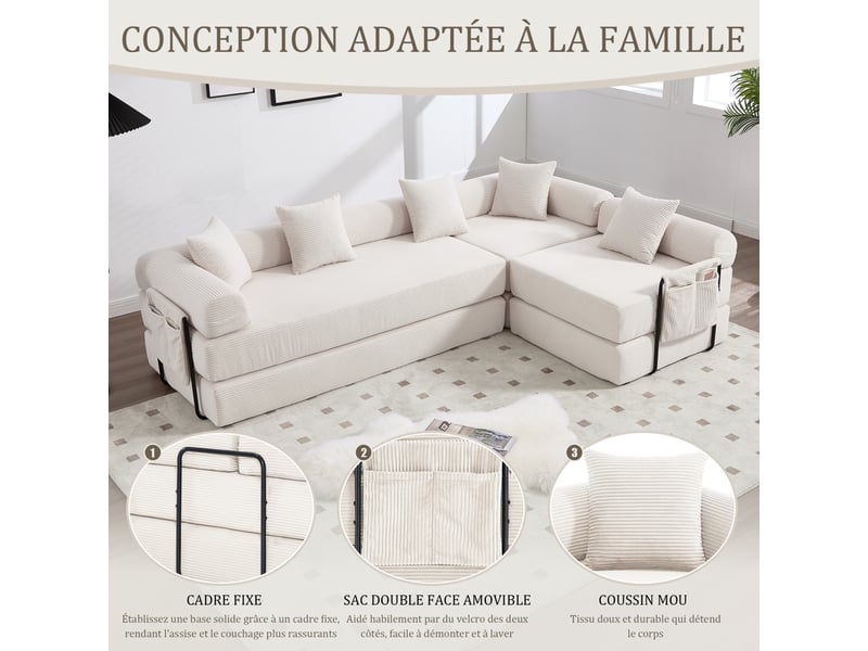 Canapé d'angle 4 places moderne 270x180x64 cm, modulable à volonté, poches, rangement, velours côtelé beige - Conforama E