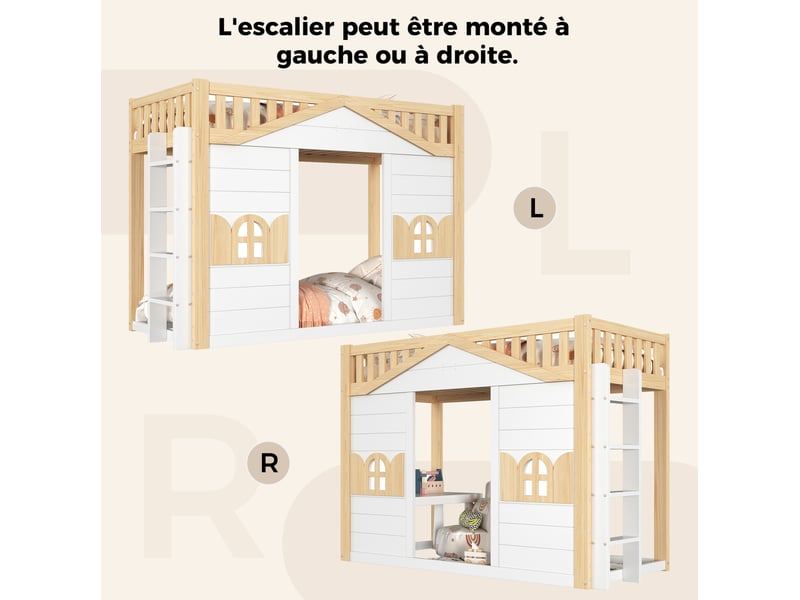  Lit superposé 90x200 cm, espace bas pour dormir ou jouer, échelle modulable, en bois, blanc et naturel, sans matelas  - Conforama E