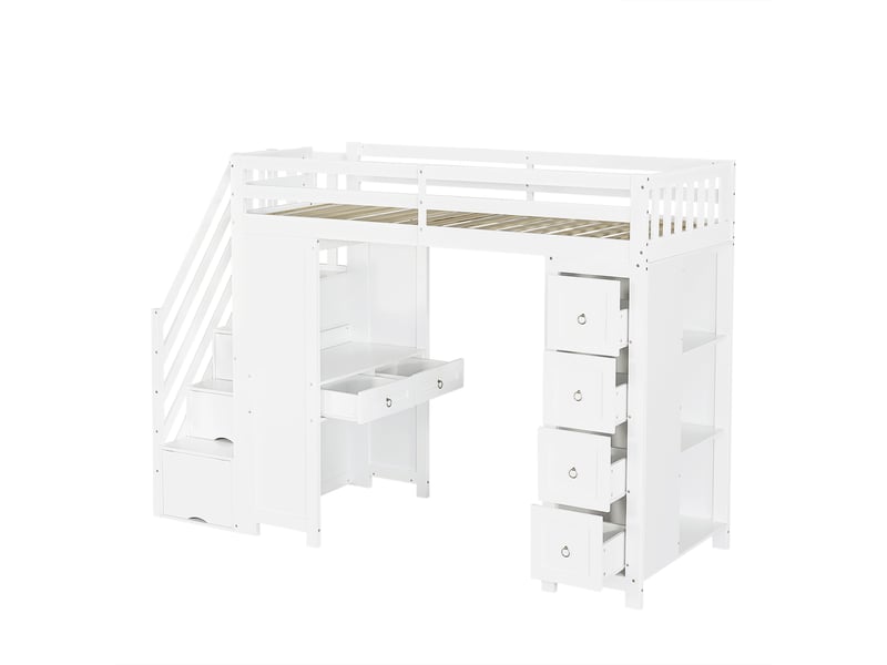  Lit mezzanine multifonctionnel pour enfants avec espace de rangement et coin lecture, lit superposé, table intégrée, tiroirs, étagères latérales, pin + mdf + panneaux de particules, blanc, 90 x 200 cm  - Conforama E