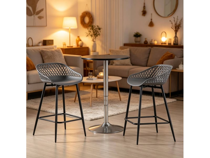 Tabouret de bar lot de 2 avec dossier ajouré, accoudoirs, repose-pieds et pieds réglables en pp et métal gris - Conforama B