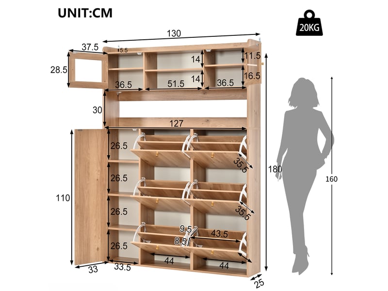 Meuble à chaussures étroit avec porte et led, 130x25x180 cm, panneau de particules couleur naturel - Conforama C