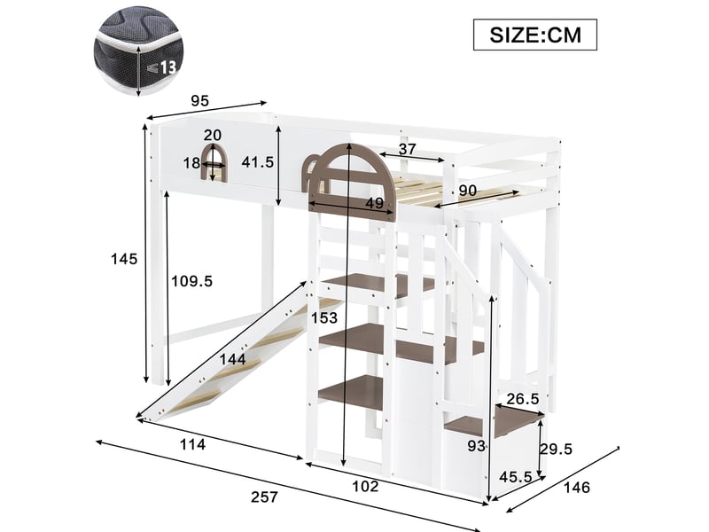  Modenvie lit superposé enfant 90x200 cm - avec toboggan, escalier avec 2 rangements, sans matelas - blanc  - Conforama C