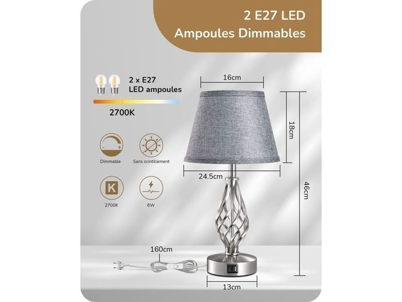  Lampe de chevet lot de 2 grise lin usb a c commande tactile 3 niveaux base metal argent 46 cm 370618_AAAVR85195_6_DROPFR - Conforama E