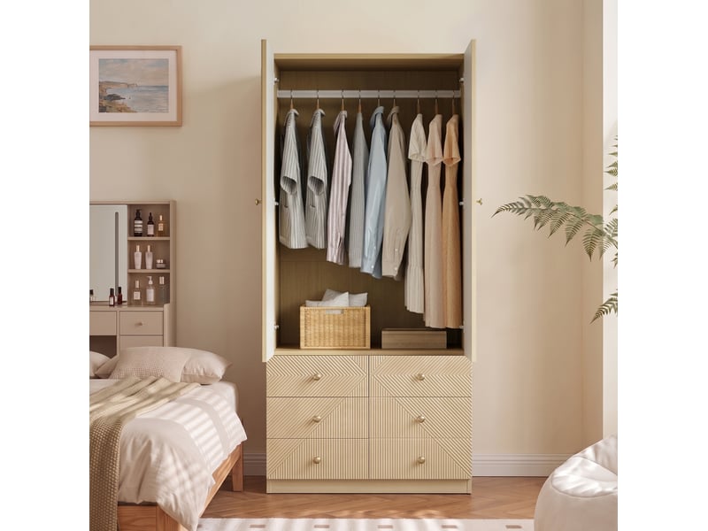 Armoire 2 portes avec penderie et 6 tiroirs, aspect chêne moderne pour chambre, bureau et chambre d’enfant en mdf - Conforama B
