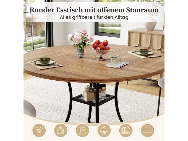 Table ronde design 100 cm pour cuisine et salon, table à manger 4-6 places avec étagère de rangement, effet noyer et pied métal noir en x - Conforama D