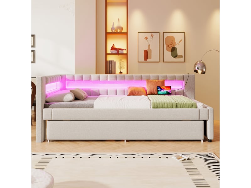  Lit de jour 90x200 avec lit gigogne et led - ports usbtype-c, lin beige  - Conforama B
